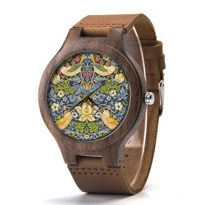 William Morris Strawberry Thief Wood Leather Watch, Art Wristwatch