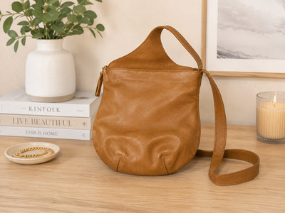 NorthStyle Genuine Leather Crossbody Bag Camel Tan Slouch Hobo Minimalist Boho P