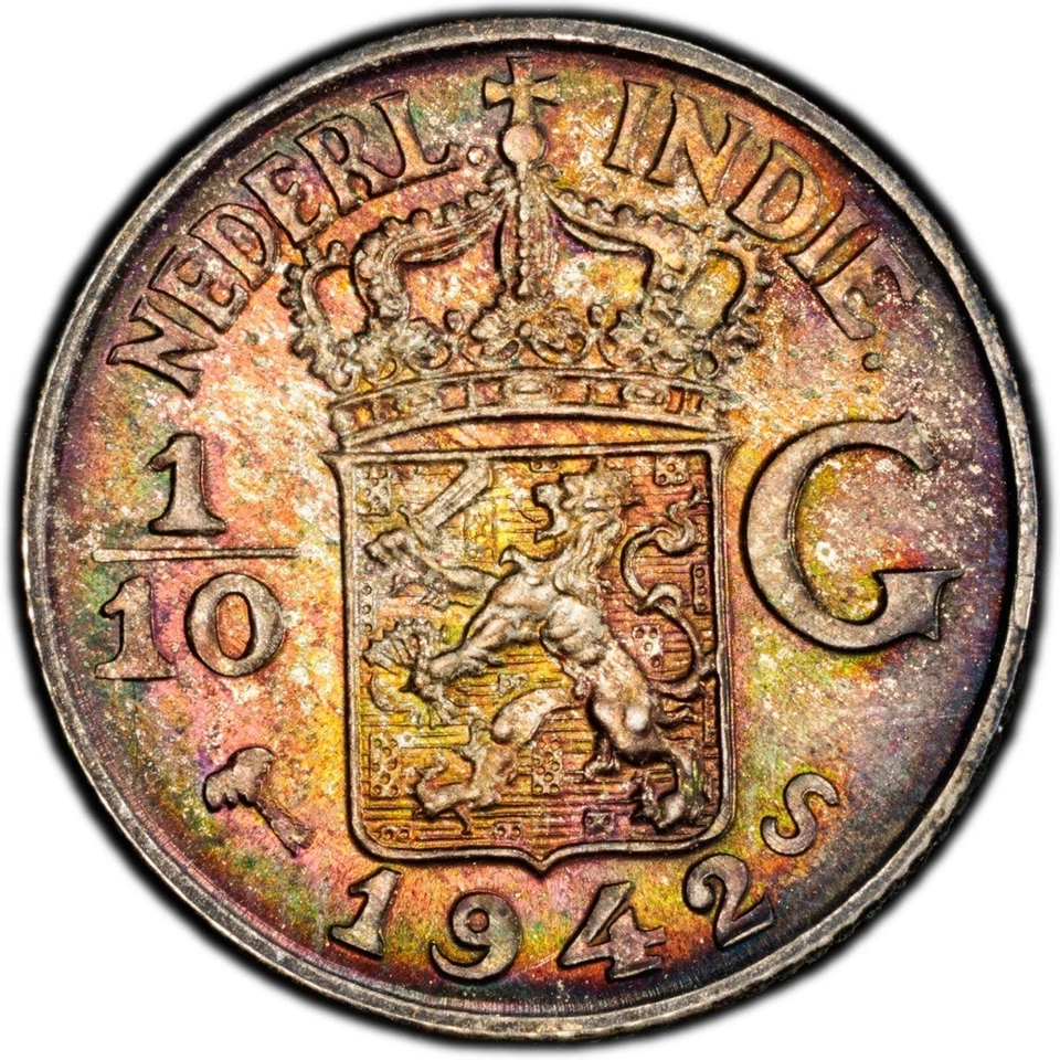 MS66 1942-S Netherlands East Indies 1/10 Gulden, PCGS Trueview- Rainbow Toned - Image 2 of 4