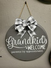 Hand Painted 12" Wood Grandkids Welcome Round Door Sign Great Gift
