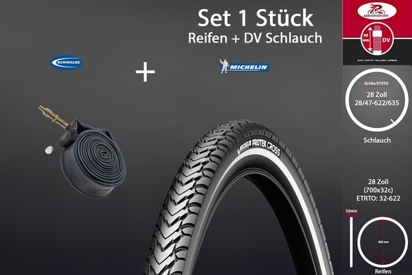 28 Zoll Fahrrad Reifen 32-622 Michelin Mantel Schlauch DV Schwalbe Pannenschutz-image