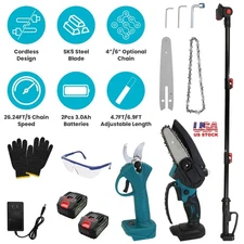 Cordless Pole Saw Extension Rod Battery Powered 4" Chainsaw for Tree Trimming