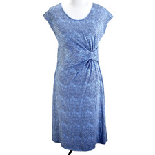 Lands End Knit Dress Womens Size M Blue Print Cap Sleeve Side Twist Scoop Neck
