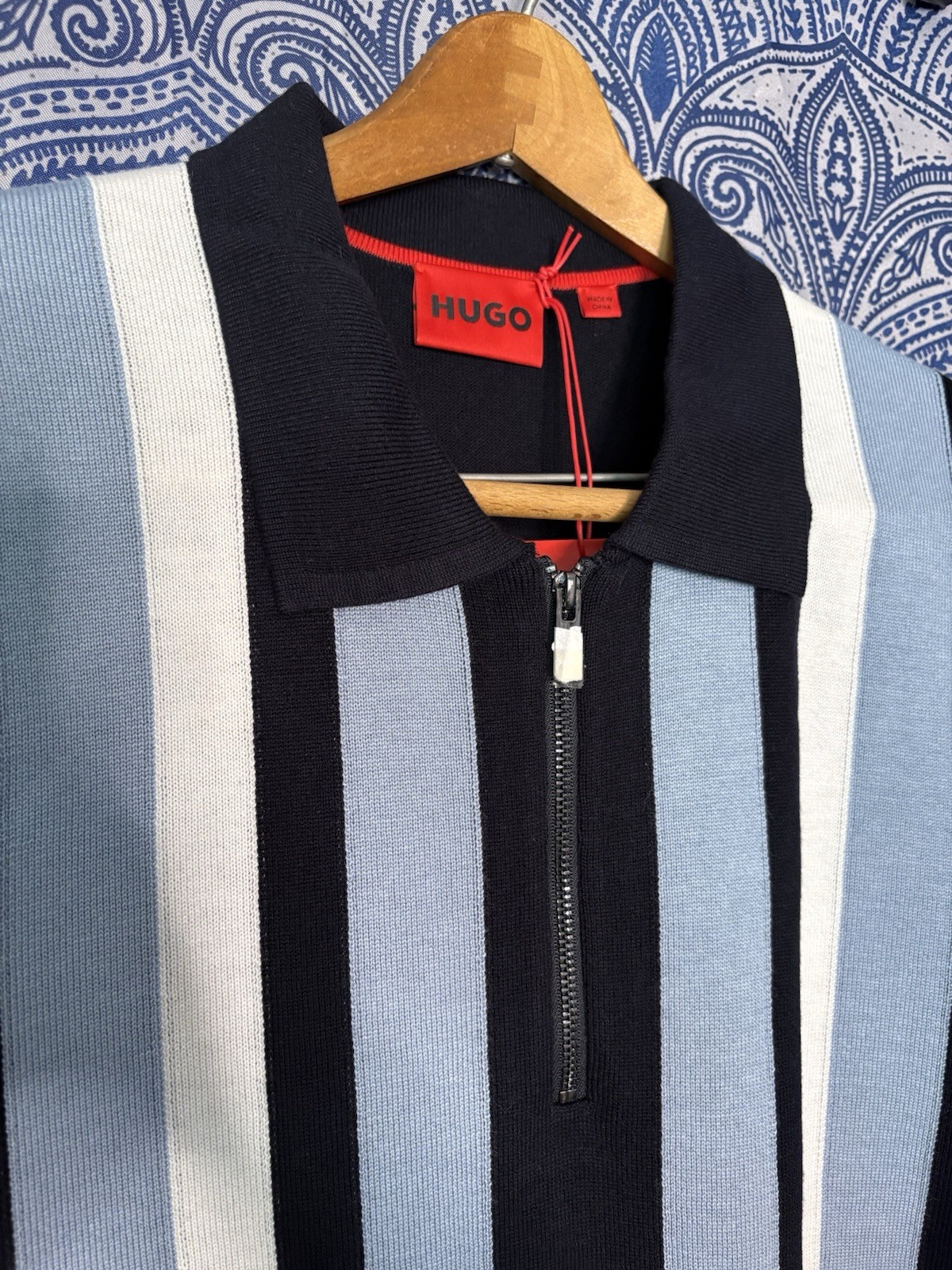 Men’s NWT HUGO BOSS 3/4 Zip Shrt Slv Collard Sweater- Navy w/Lt Blue &White- L thumbnail 4