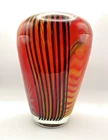 Murano Style Glass Vase Red, Orange, Green & Black Swirled, Handblown 8''