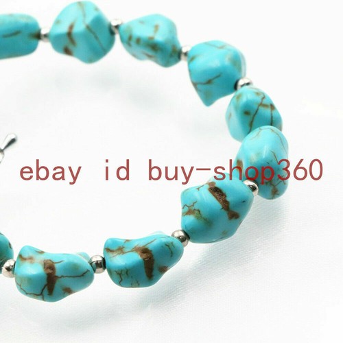 10-14mm Natural Blue Irregular Turquoise Gemstone Beads Bracelet 7.5'' - Picture 2 of 12