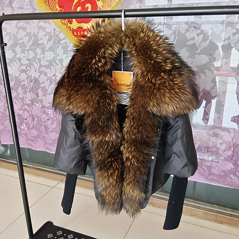 Womens Winter Real Raccoon Fox Fur Collar Down Puffer Jacket Short Coat New S-XL - Image 4 of 4