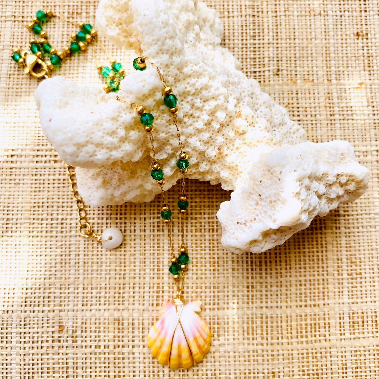 Hawaiian Sunrise Shell Beaded Chain Necklace Wire-wrapped, Green Crystal, Puka