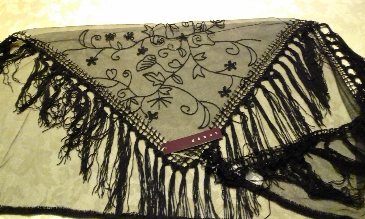 Ladies sequined black fringed sheer Debenhams Debut shawl | eBay
