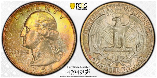 Pair 1958-D MS67/6 Washington Quarters Mint Set Original Toning PCGS True View - Picture 2 of 3