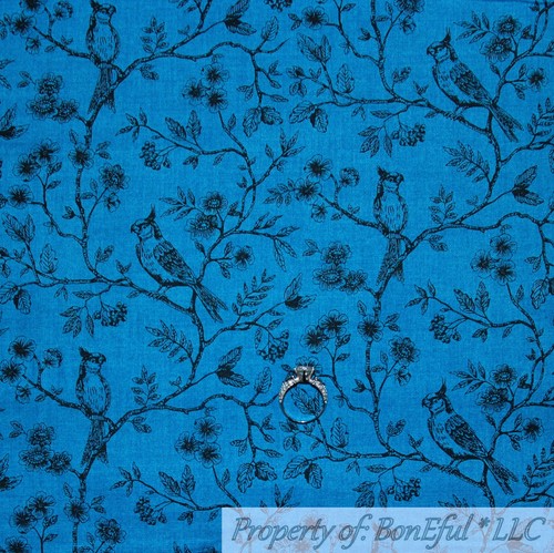 BonEful FABRIC FQ Cotton Quilt Blue Bird Tree Branch Flower Toile Holiday Xmas S - Picture 2 of 14