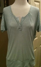 Romy Size Medium Mint Green & White Striped Short Sleeve V-Neck T-Shirt Top