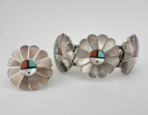 Vtg A. Gasper Zuni Sterling Silver Multi Gemstone Sunface Cuff Bracelet Ring Set