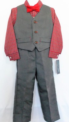 Hudson Ferrell 4 Pc Vest Set Boys Sz 4T Special Occasion Grey w/Red Green Plaid