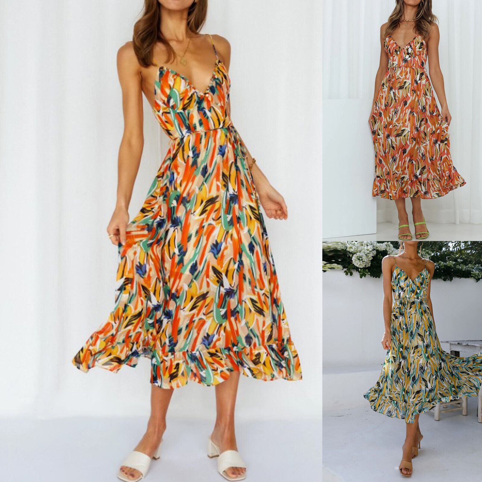 Women Summer Dresses Floral Boho Spaghetti Strap Down Dress Swing Midi Beach  | eBay