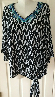 RAFAELLA Women Size 3X Blouse Tunic Top Black White  V-Neck  3/4 Slv  NWT-$72