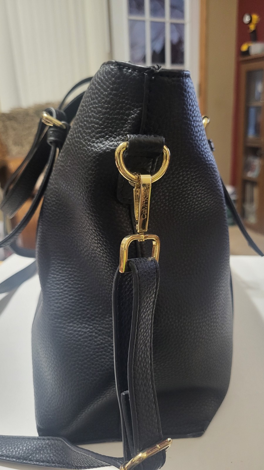 Calvin Klein Pebbled Black Tote Shoulder Bag Gold Hardware Zipper Accent thumbnail 3