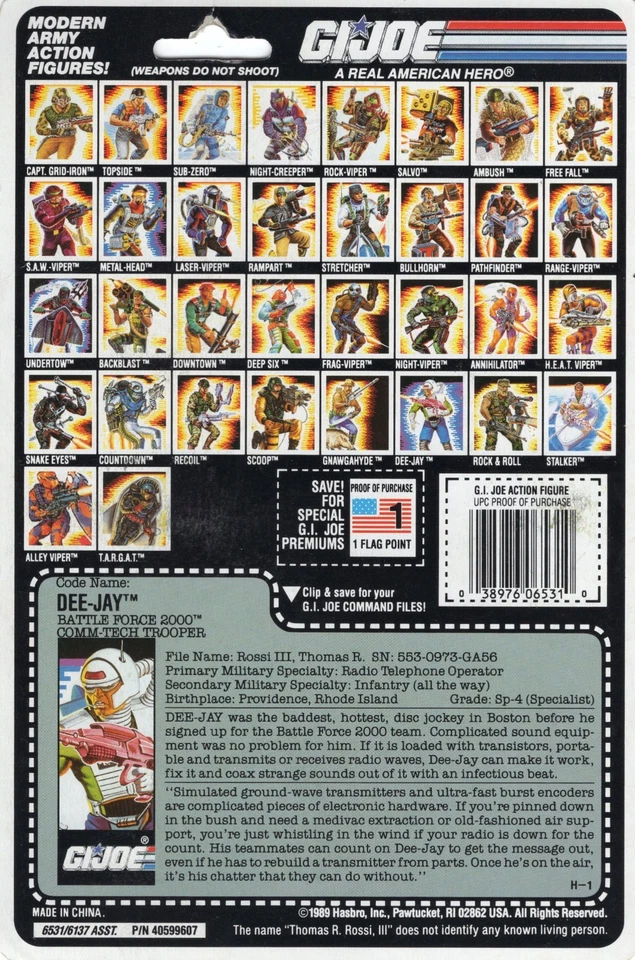 GI G.I. Tarjeta de archivo Joe Gijoe Battle Force 2000 DEE JAY ORIGINAL CARDBACK sin cortar Foto 2 de 2