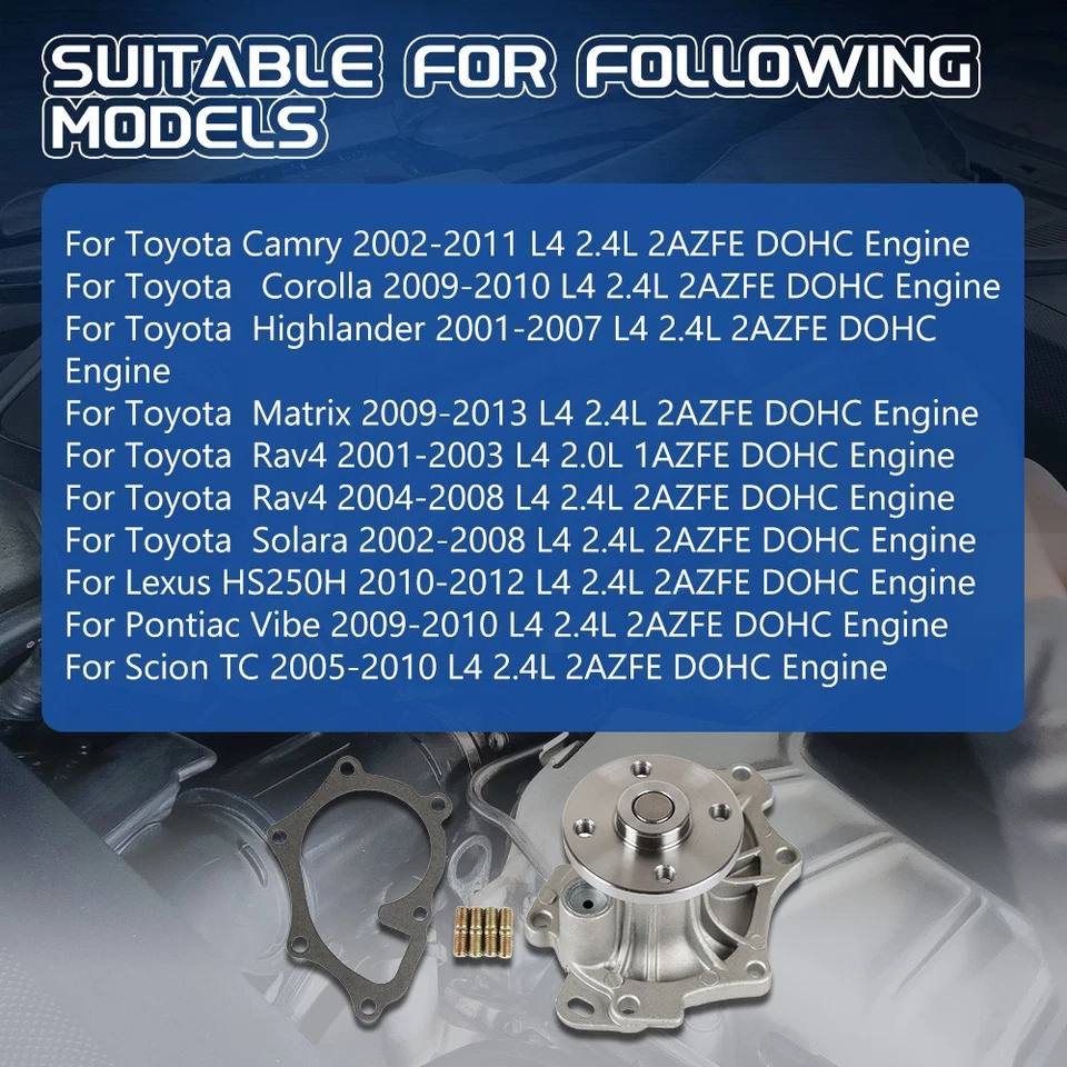 New Engine Water Pump for Toyota Camry Corolla Rav4 Solara 2.4L 2AZFE AW9414 - Imagem 3 de 4
