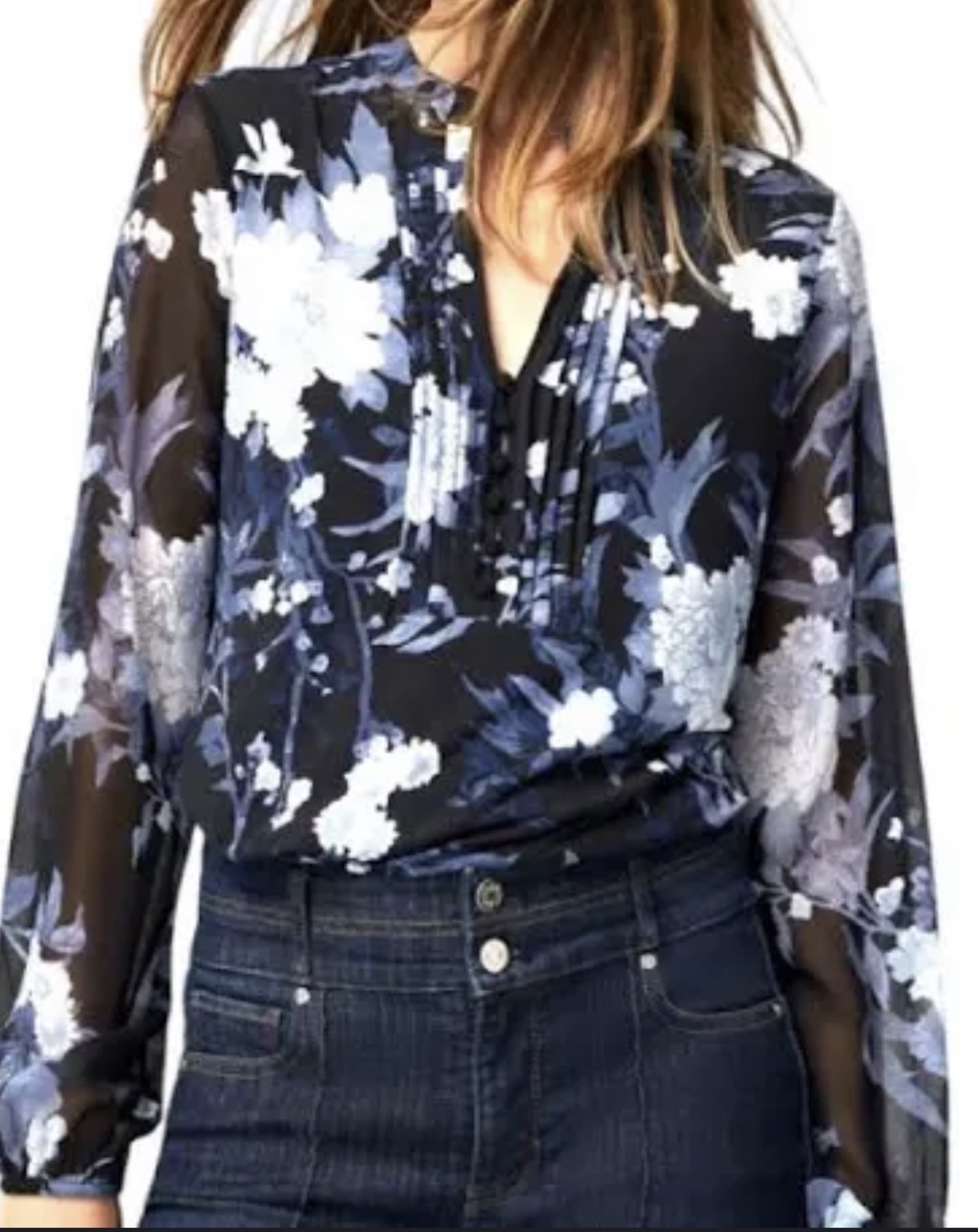 WHBM WHBM Long sleeve matte jersey tunic blouse  floral Black Blue Gray Sz XS