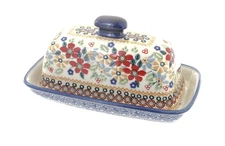 Blue Rose Polish Pottery Red Daisy Butter Dish