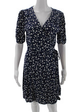MINKPINK Womens Floral Print Short Sleeve Tie Waist Wrap Dress Blue Size M