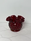 Fenton Ruby Red Glass Hobnail Small Rose Bowl Candle Holder Vase Ruffled Edge