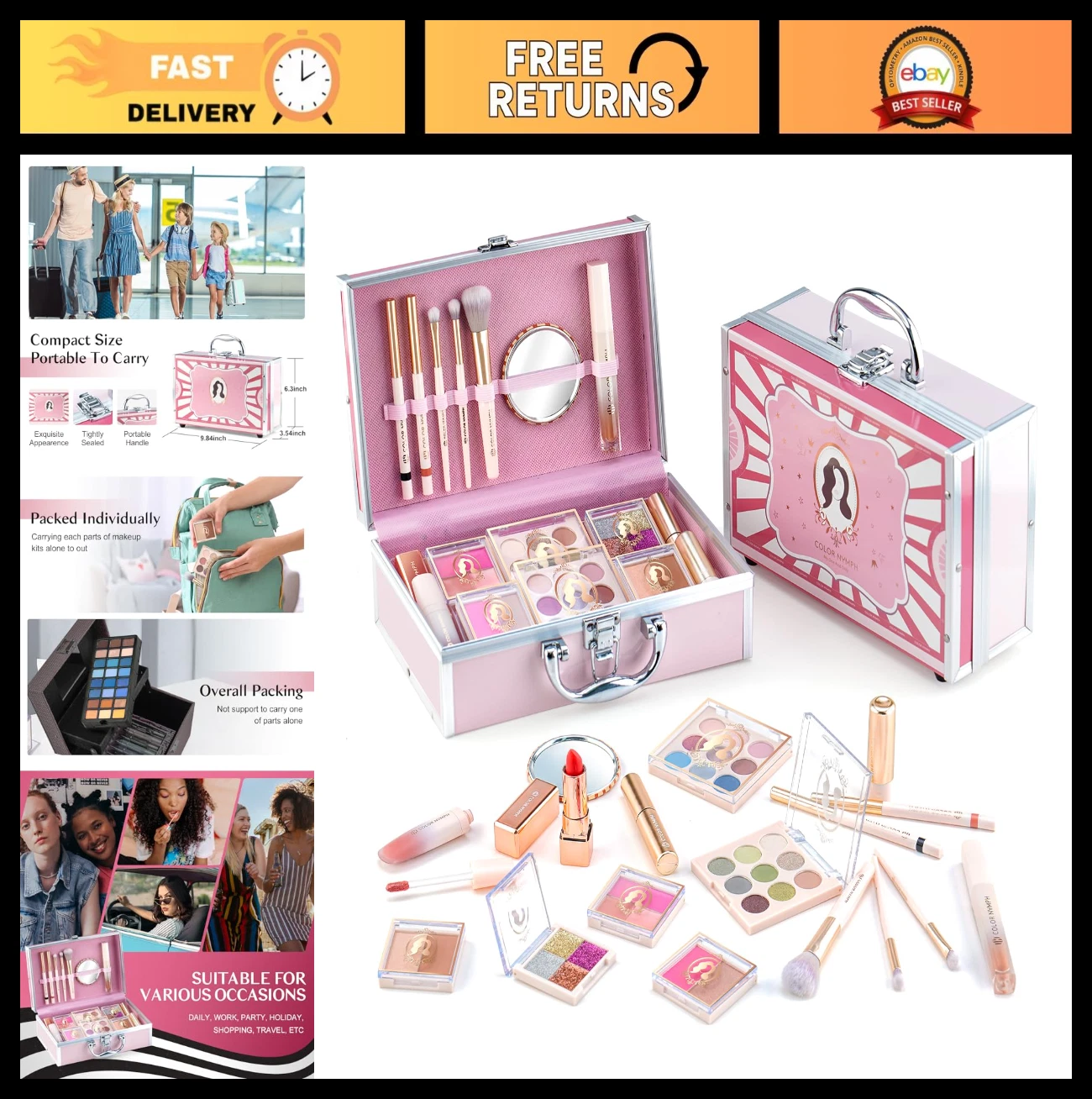 All-in-One Girls Makeup Kit for Teens - 18 Eyeshadows, Glitter, Lip Gloss, Train
