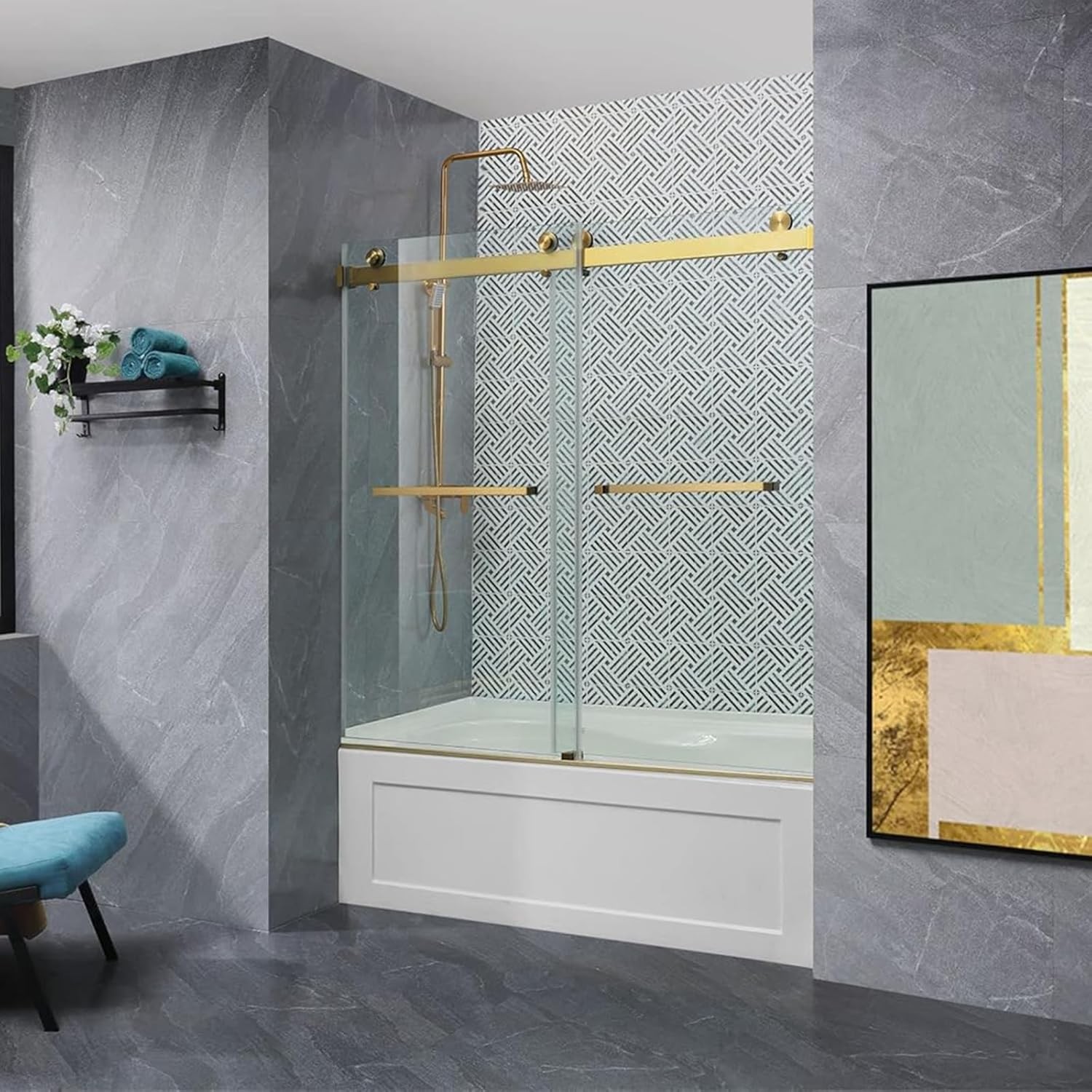 Tub Shower door Frameless 60''x 62'' Gold Longevity Bathroom Door For Bathtub