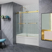 60 in x 62 in Frameless Tub Bathroom Door Brushed Gold Tub Walk in Shower Door