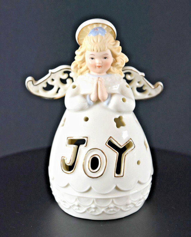 Praying JOY Angel Tea Light Candle Holder Reticulated Wings Dress Bisque Face