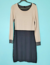 LIMITED Striped Sweater Dress Classic Tan & Black GOLD Buttons (Medium) WOOL