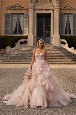 Gowns Women's Evening Dress Fluffy Mesh Flower Pink Wedding Party Prom Dresses