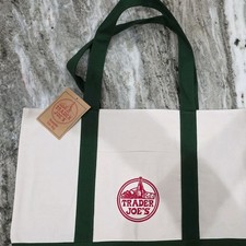 Trader Joe's Reusable Tote Bag Beige White Green Handles Logo Pattern Reusable