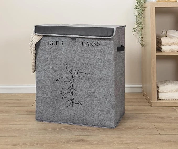 Wäschekorb mit Deckel aus Filz mit zwei Fächern Wäschetruhe Wäschesammler - Bild 3 von 4