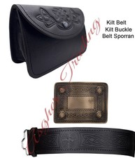Scottish Handmade Celtic Knot Embossed Kilt Belt with Belt Pouch and Belt Buckle