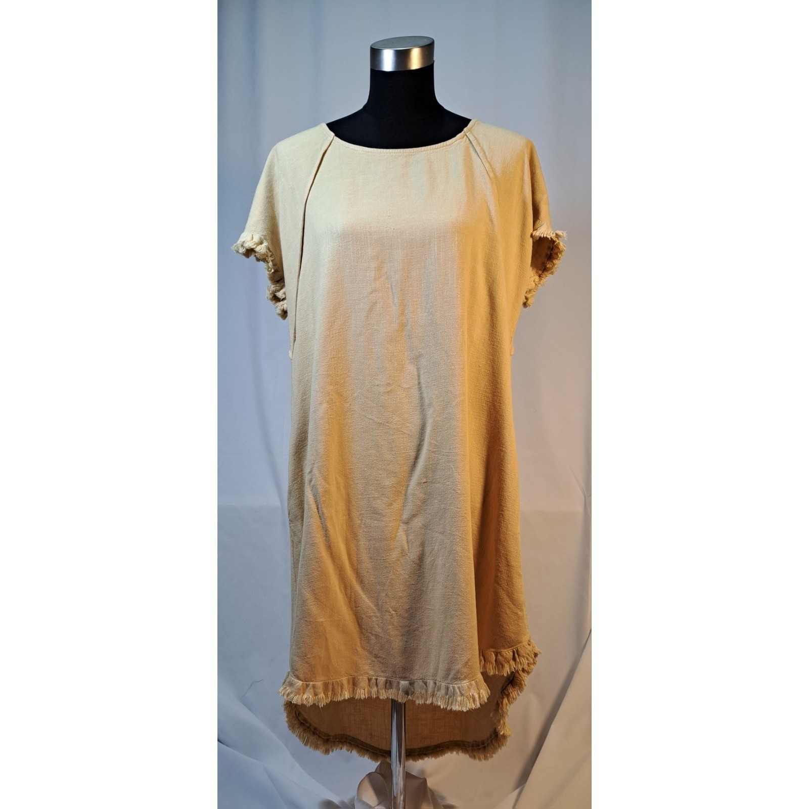 Umgee Women Tan Linen Blend Fringe Trim High Low Shift Dress Pockets Medium