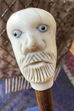 Antique Folk Art Walking Stick With Carved Man  s Head, 34 1/2  L