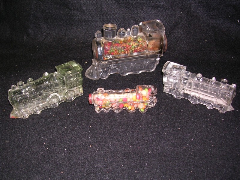 Lot of 4 Vintage Train Locomotive Glass Candy Containers