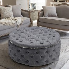 Large Round Chesterfield Footstool Pouffe Grey Linen Button Tufted Coffee Table