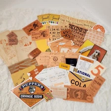 35 pc paper pack orange ephemera vintage paper ephemera lot tickets labels etc x