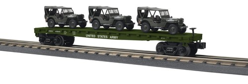MTH 30-76886 VAGÓN PLANO DEL EJÉRCITO DE EE. UU. con 3 Willys Jeeps calibre o 3 rieles RD #609040 | Zustand: New