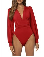 Deep V Neck Ribbed Bodysuit Long Sleeve Skinny Bodycon Basic Bodysuit