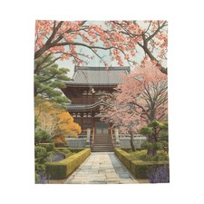 Cherry Blossom Temple Velveteen Blanket Japanese Garden Scenic Throw