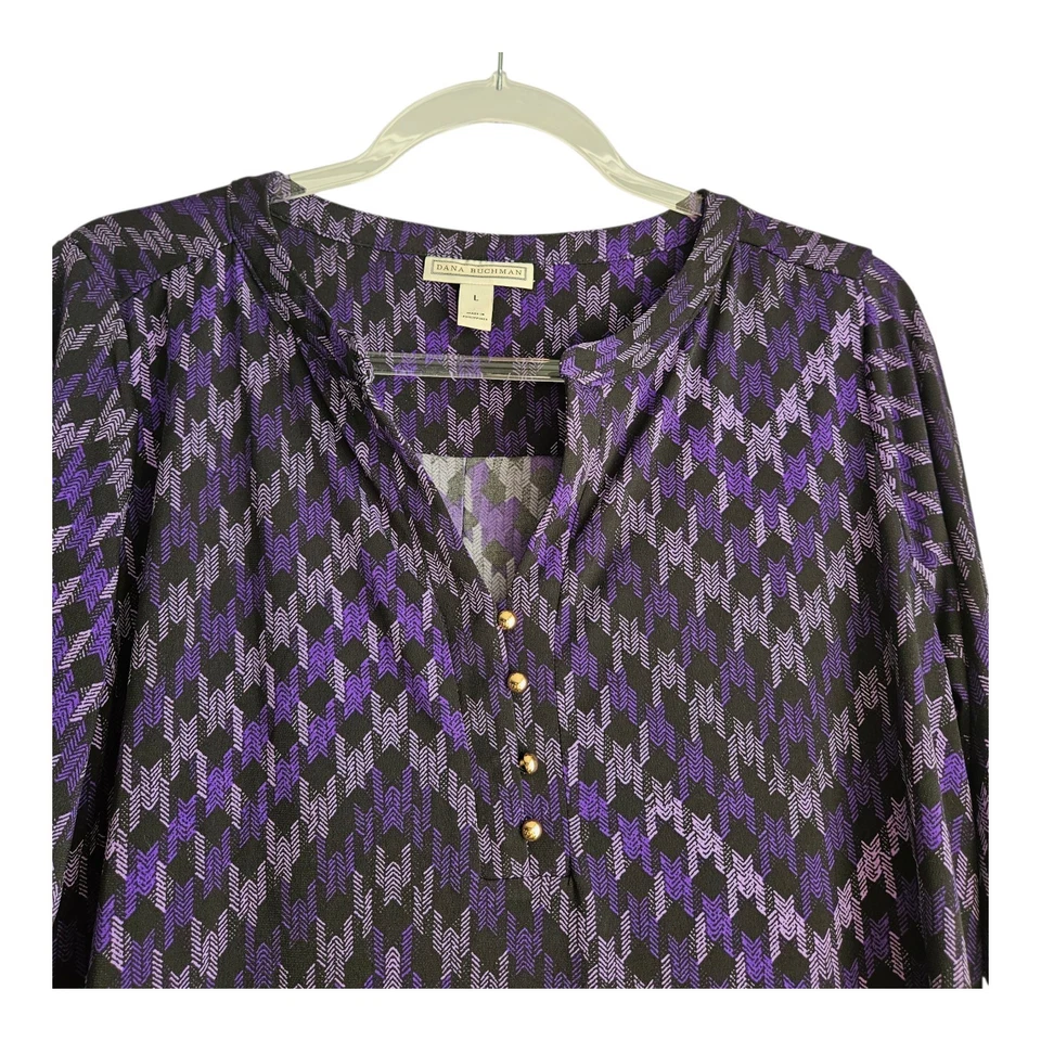 Blusa Top Dana Buchman Mujer L Pata de Gallo Púrpura Negra Elastizada Manga 3/4 Foto 4 de 4