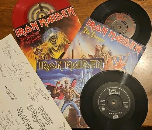 3 X 7" JOB LOT IRON MAIDEN PHANTOM WITH CARD TROOPER & NUMBER BEAST RED VINYL !