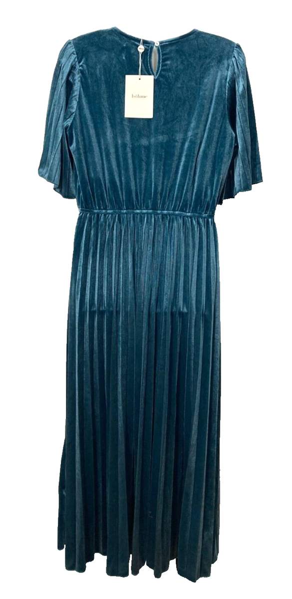 Bohme Velvet Maxi Dress Pleated Teal Elastic waist Size S New | eBay