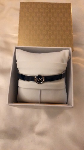 Michael Kors Silver Tone Stainless Steel Bangle Navy Blue Enamel MK Logo NWT Box - Picture 10 of 15
