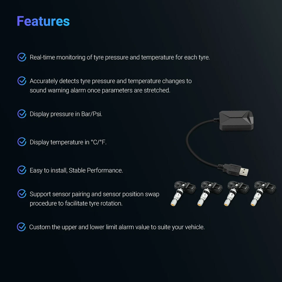 Sistema de monitor de presión de neumáticos TPMS para automóvil 4 sensores internos para unidad Android XTRONS Foto 4 de 4