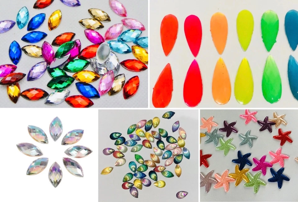 50 x LARGE FLATBACK FESTIVAL FACE GEMS JEWELS CRYSTALS AB MARQUIS STARFISH NEON